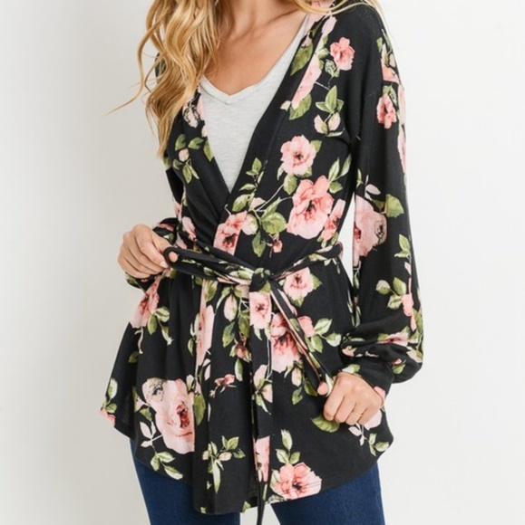 2 LEFT! Floral puff sleeve belted cardigan - Picture 4 of 8
